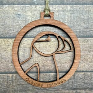 orkney puffin wooden hanging decoration